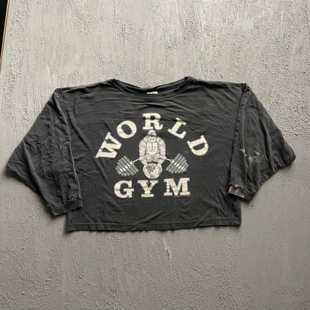 Vintage World Gym Gorilla Graphic Long Sleeve Crop Top Mens XL Black 90s